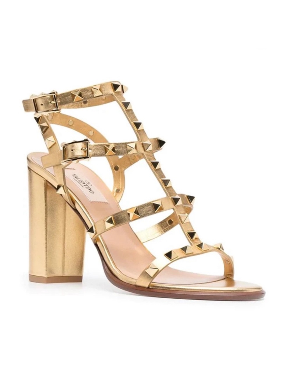 Valentino Gold Pyramid-Stud Block Heel Sandal